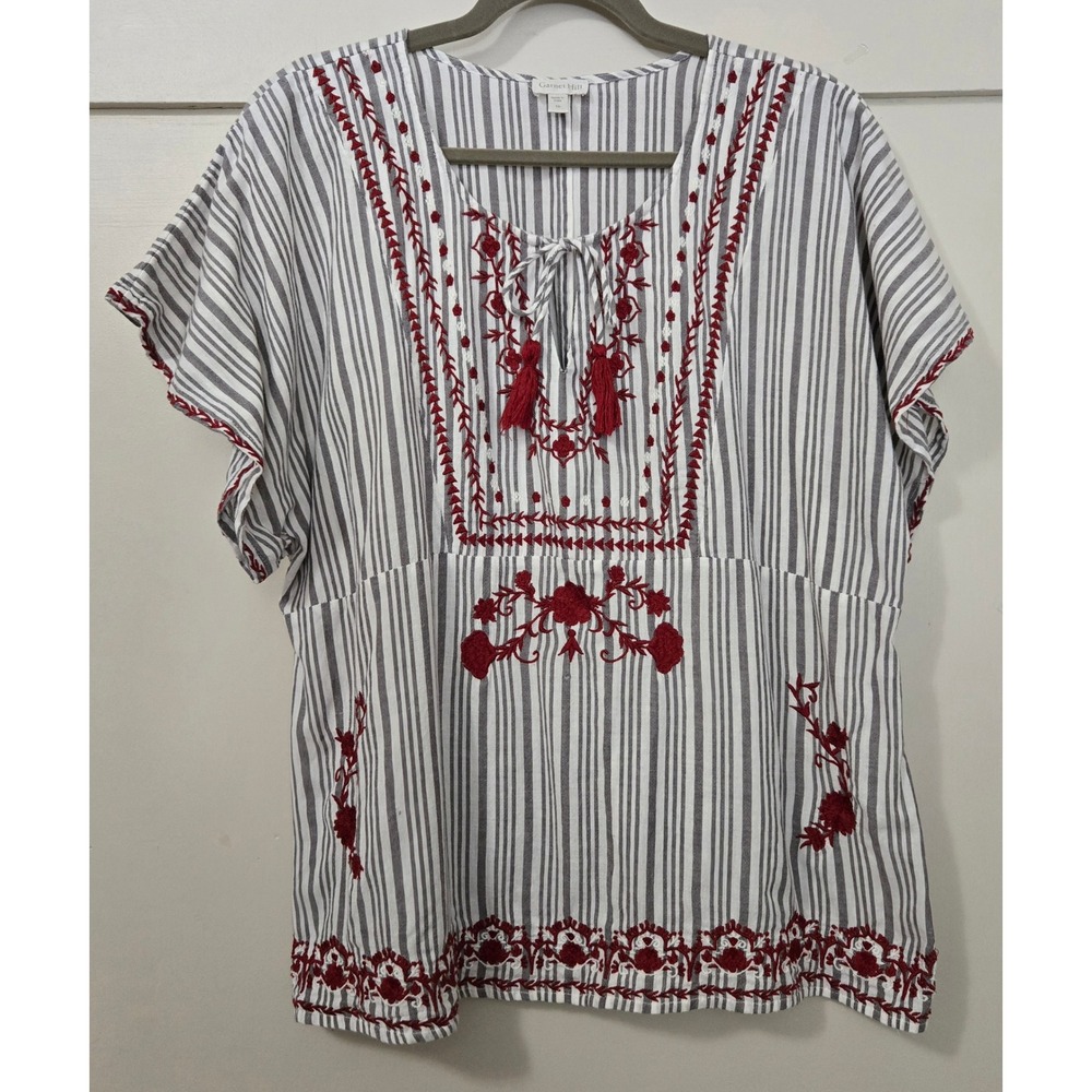 Garnet Hill Boho Embroidered Striped Peasant Top Grey Red Tassel Tie Blouse 16